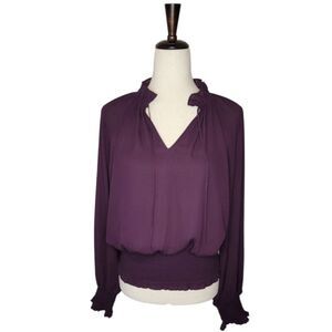Worthington Deep Purple Split Ruffle Neck Elastic Smocking Raglan Blouse Size S